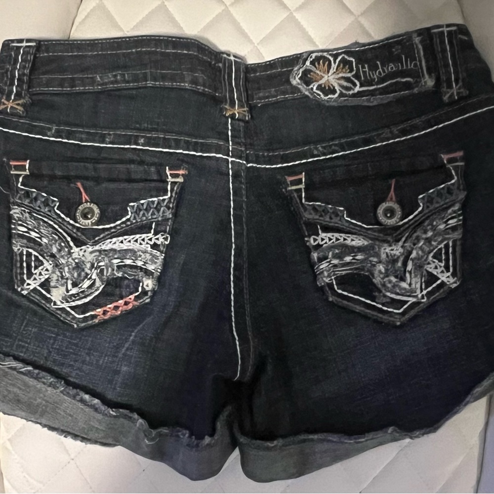 Hydraulic Black Denim Shorts with Embroidered Pockets